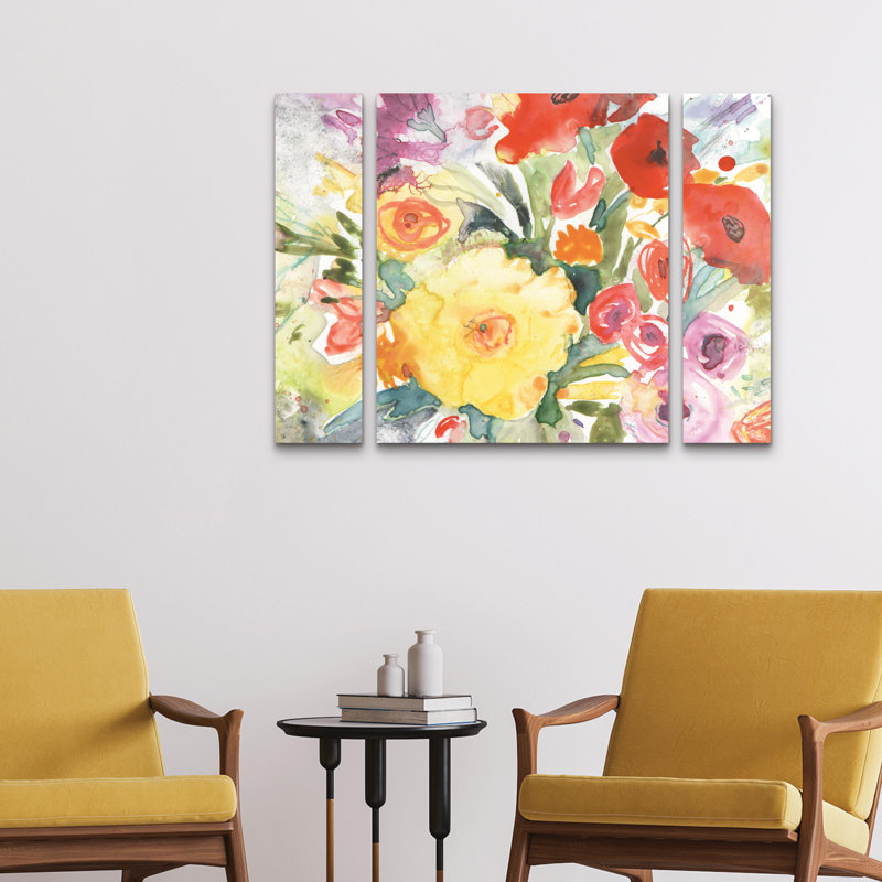Ensemble de 3 panneaux - Sheila Golden «The Birthday Bouquet», art mural sur toile pour le salon, la chambre à coucher ou le bureau 