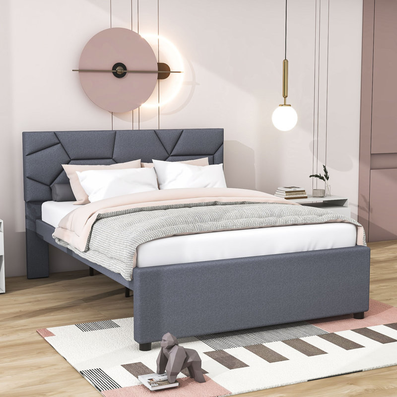 Lit plateforme tapissier avec couchette Elerte, gris, Double