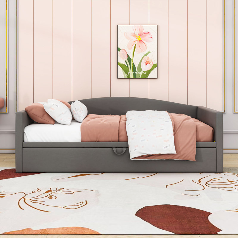 Twin Size Velvet Daybed with Adjustable Twin Trundle, Gray