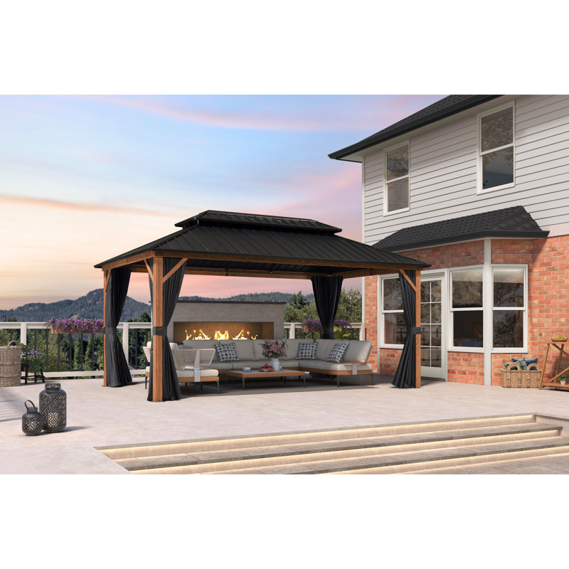 PURPLE LEAF 10' X 16' Hardtop Gazebo Outdoor Wood Grain Aluminum Frame Galvanized Steel Double Roof Gazebos with Netting and Curtains for Patio Deck Backyard Garden