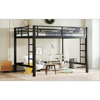 Grand lit mezzanine en métal avec échelle facile à monter, garde-corps et construction robuste pour une sécurité maximale et une efficacité d'espace, noir