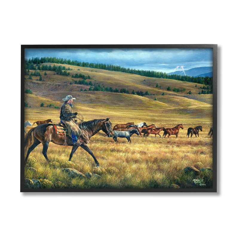 «Ba-344», impression de paysage équestre encadré sur bois par Abraham Hunter, H 11 po x l 14 po x P 1,5 po