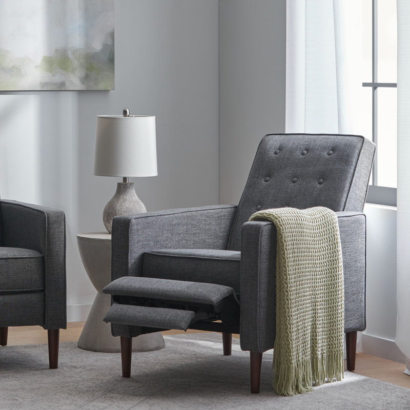 Button Tufted Upholstered Manual Push-Back Recliner, Gray Polyester