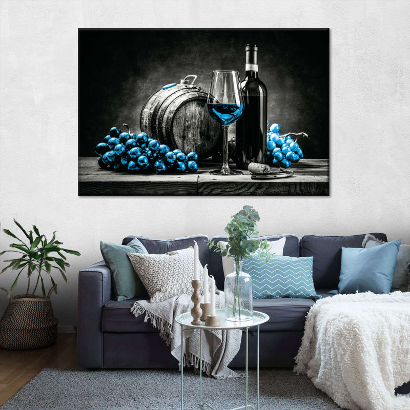 «Wine And Grapes Blue Pop», reproduction sur toile, H 8 po x l 12 po x P 1 po