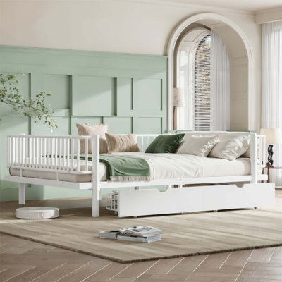 Lit plateforme grand avec tiroirs de rangement, structure de lit de jour en métal avec conception de tuyau rond de sécurité améliorée, conception à profil bas (sans matelas)