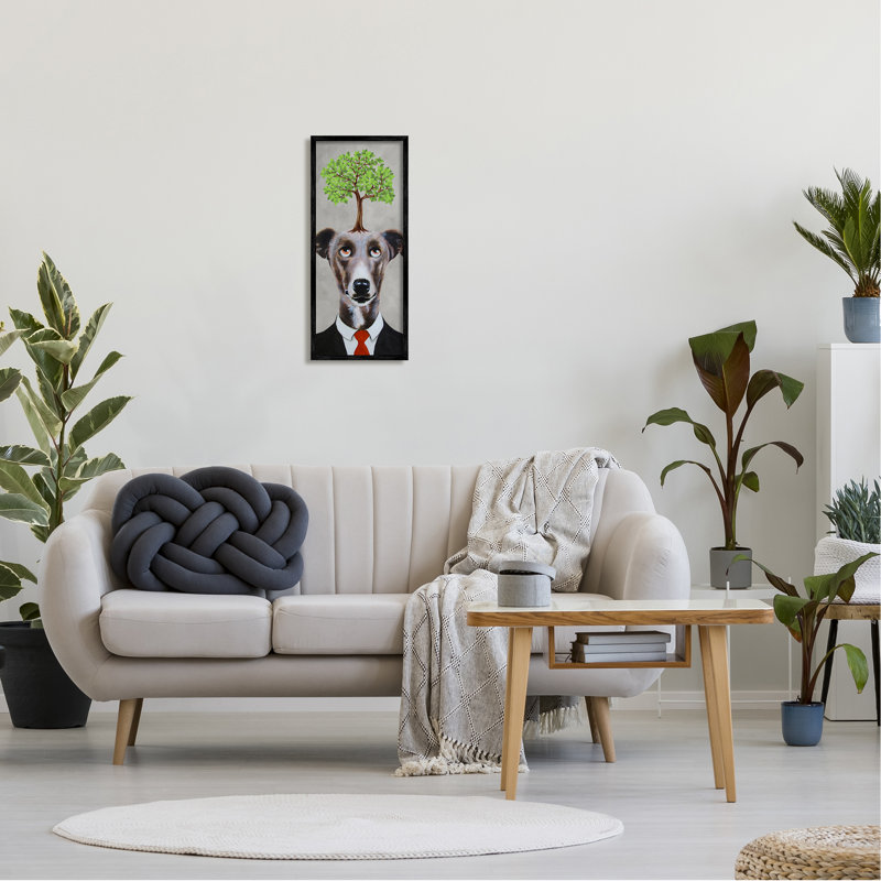 Arbre arborant un chien en costume encadré sur bois par Coco De Paris, peinture, Giclée encadrée noir minuit