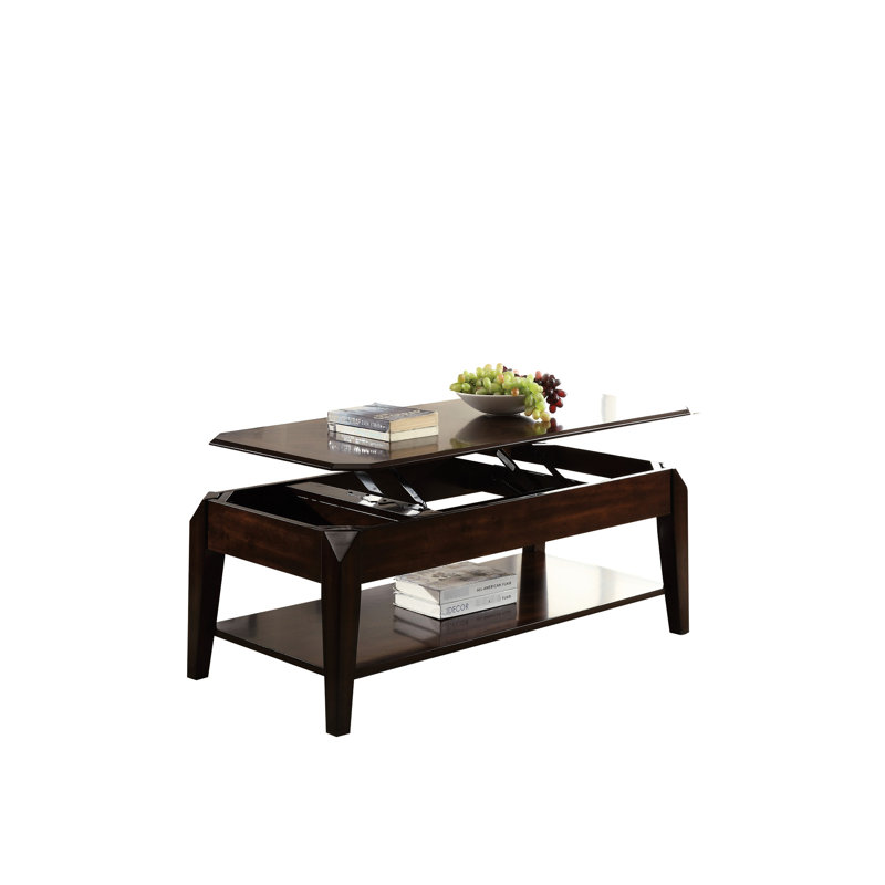 Table basse moderne en noyer avec plateau relevable, compartiments de rangement et tablette