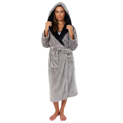 Flannel Mid-Calf Bathrobe with Pockets and Hood