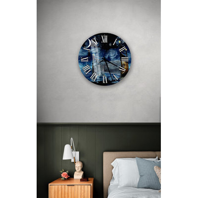 Blue Night Sky Wall Clock, Tempered Glass Art, Impressionist Bedroom Decor - Silent Round Watch, Celestial Oil Painting Style