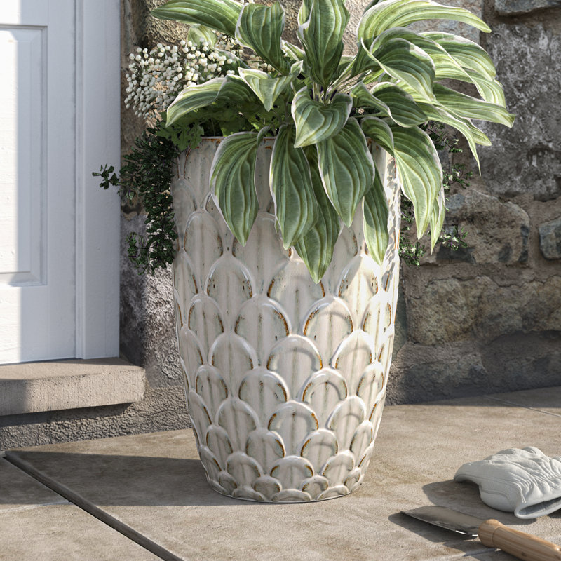 Handmade Ceramic Pot Planter, 19" H x 12.5" W x 12.5" D, Antique White