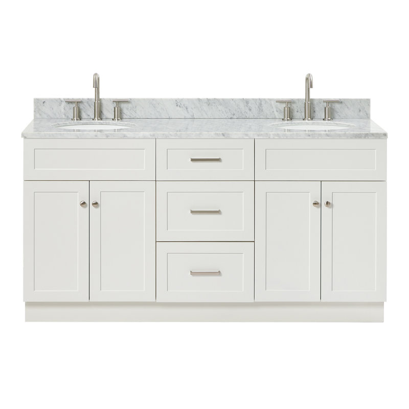 Partham 67" Freestanding Double Sink Vanity with Carrara Marble Top, Blanc