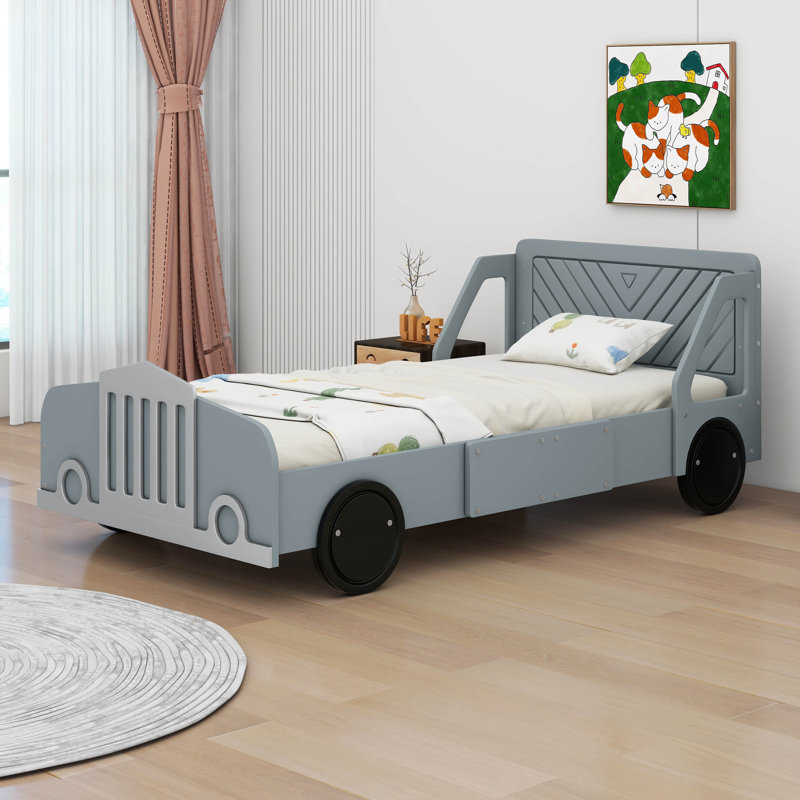 Skylon Twin Size Car-Shaped Platform Bed with Wheels, Gray
