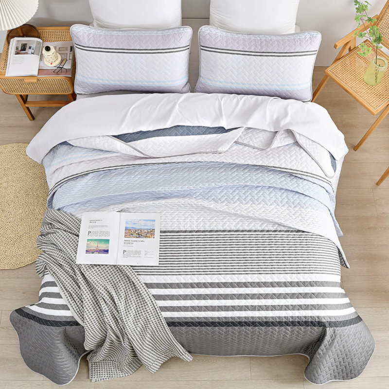 Ensemble de courtepointe rayée 3 pièces en microfibre douce pour toutes saisons, Gris te bleu