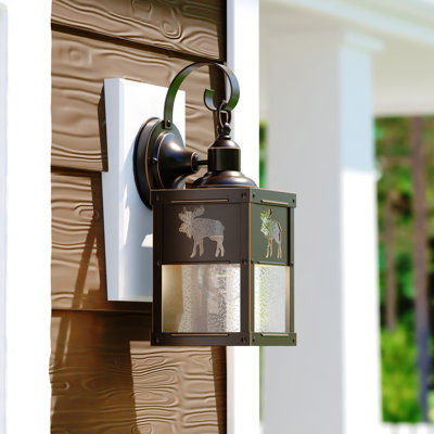 Josefina 12.75 in. H 1-Light Burnished Bronze Rustic Moose Outdoor Wall Sconce, Durable Steel, Clear Seeded Glass Shade, LED Compatible, Use for Exterior Porch Patio Front Door or Garage