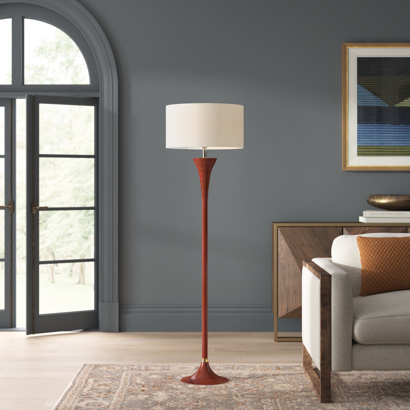 Rebecca 60" Walnut Rubberwood Floor Lamp with Antique Brass Accent