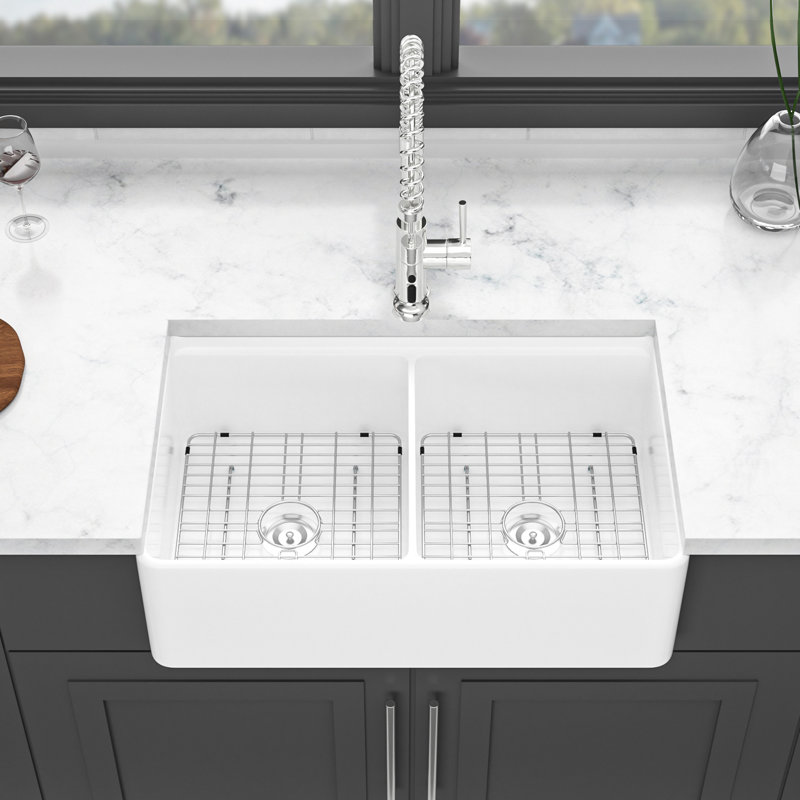 White Sink 33 Inch Double Bowl Ceramic - , Easy To Clean, Workstation 33" Kitchen Chips,