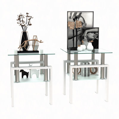 Table de bout en verre trempé blanc 2 pièces, petite table avec rangement à 2 couches, table d'appoint de salon