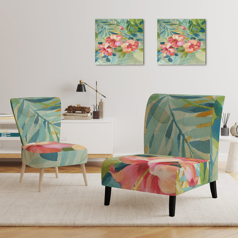 Hibiscus Garden III - Traditional Upholstered Slipper Chair, Floral Green/Pink Polyester Blend