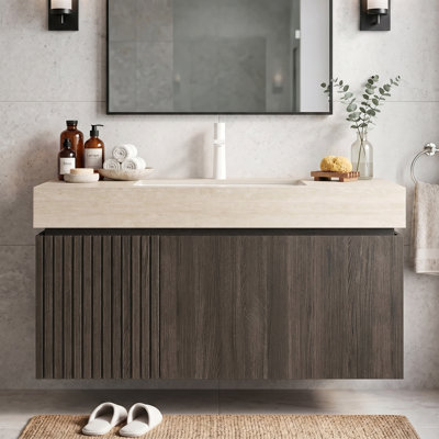 Meuble-lavabo flottant 36 po avec lavabo en céramique blanc encastré, armoire de rangement murale en contreplaqué avec tiroir et portes en espresso, plateau en pierre frittée Roma Travertine avec 1 trou de robinet pré-percé, pré-assemblé