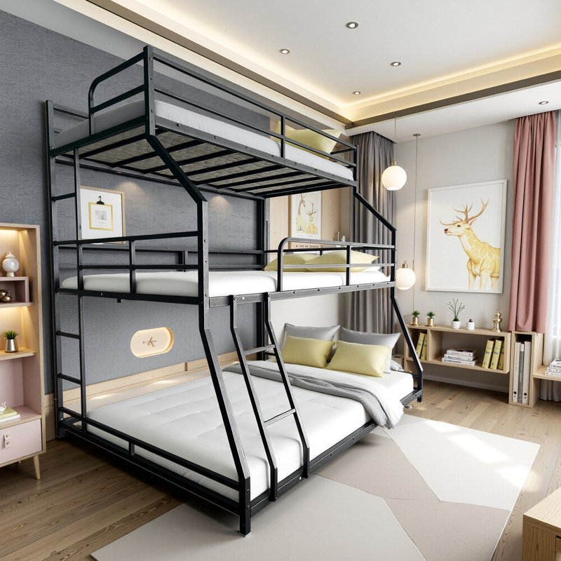 Lit triple en noir, long et court, peu encombrant, look moderne, idéal pour les petites chambres, lit en métal noir, facile à assembler, échelles encastrées, pièces de rangement