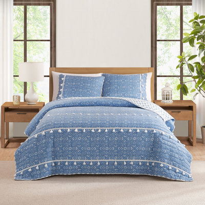  Ensemble de courtepointe toutes saisons en microfibre à motif médaillon avec pompons DESIGN STU DVD Pasadena