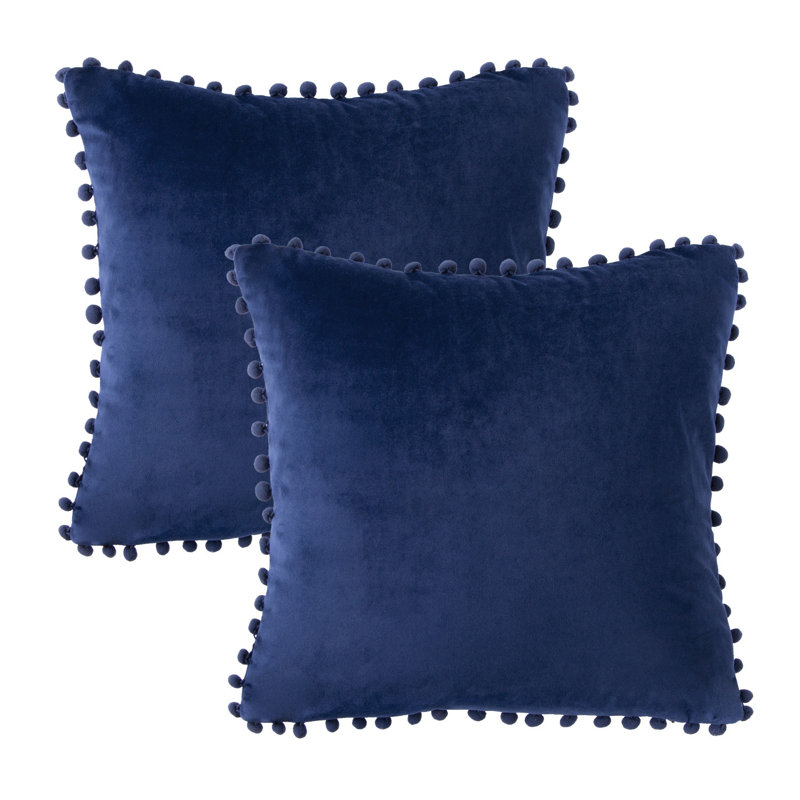 Coussin Silky Velvet Series Pom-poms, Marine, Housse de coussin et insert, Carré 22 po