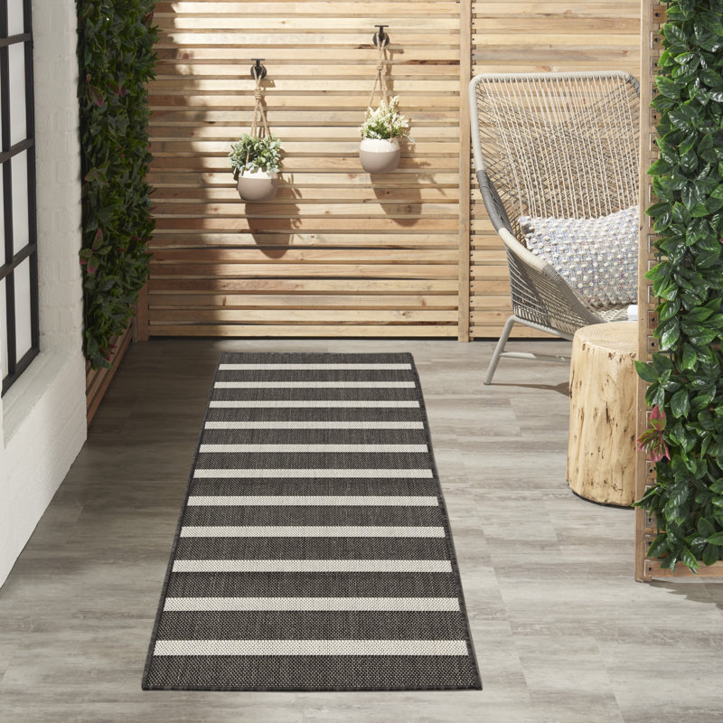 Tapis intérieur / extérieur rectangulaire Shaila, Noir / Ivoire, Tapis de couloir 2 pi x 6 pi