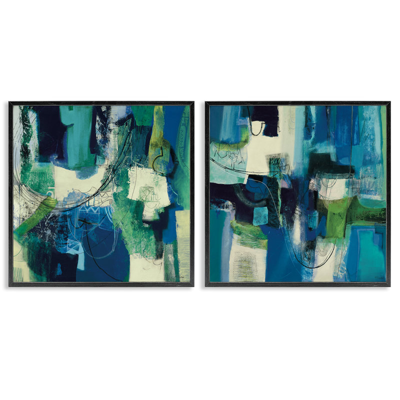 «Blue & Green Abstracts», ensemble de 2 giclées encadrées par Maurizio Piovan, H 12 po x l 24 po, Giclée encadrée noir minuit