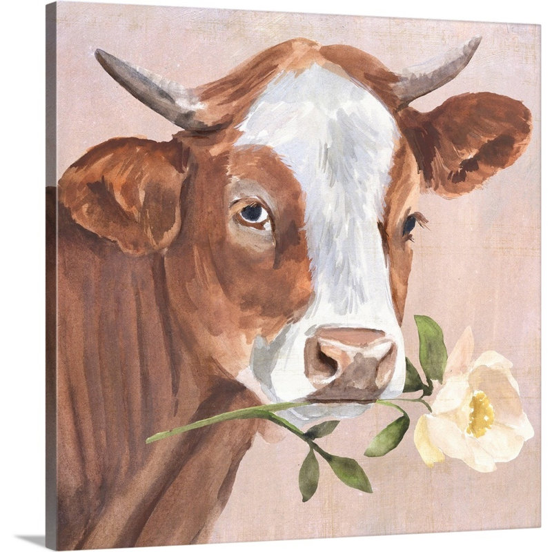 Peony Cow II, art mural sur toile, H 48 po x l 48 po x P 1 po, Toile tendue