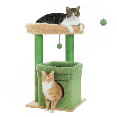 Arbre à chat, tour de chat avec cactus avec condos privé, poteaux à griffer en sisal naturel et pompon en peluche pour petits chats d'intérieur