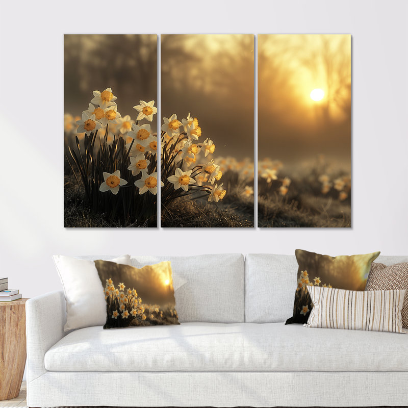 «Beige Yellow Summer Golden Hour Daffodils» - ensemble de reproductions d'art mural jonquilles, Métal métal