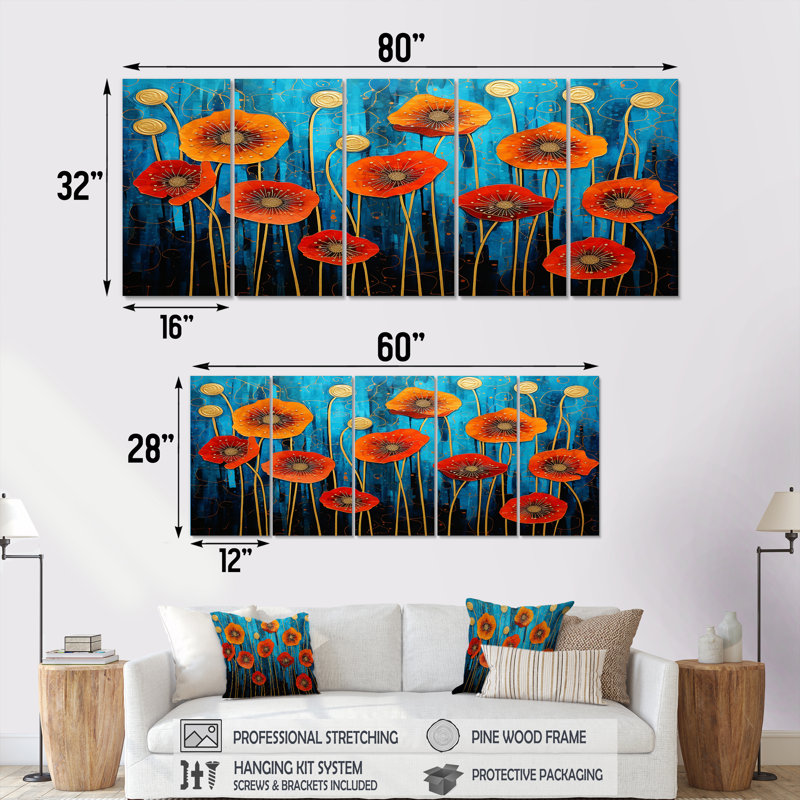 «Red Poppies Magical Night - Art mural coquelicot pour le salon», 5 pièces, H 32 po x l 80 po