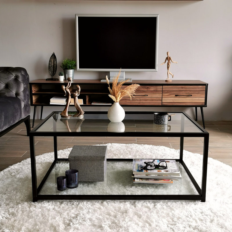 Table basse moderne et industrielle, fumée et noir, 35,4 x 15,7 x 23,6 pouces | 100% plateau en verre trempé (0,16 po d'épaisseur), cadre 100% métal | Design élégant et durable pour le salon, look chic et novateur