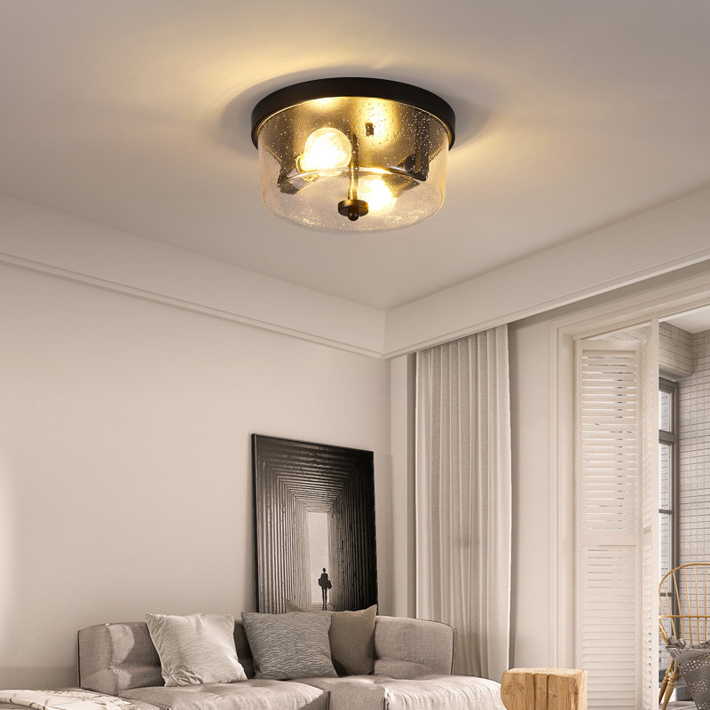 2-light Black Flush Mount Ceiling Light With Seeded Glass Shade For Hallway, Bedroom, Kitchen
