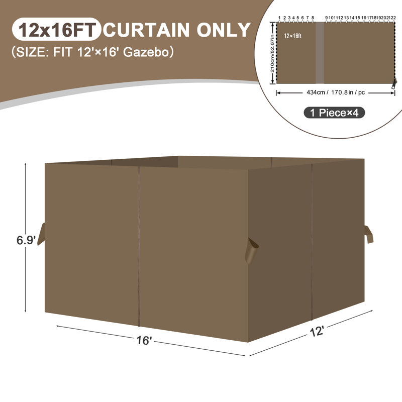 Aoodor Replacement 4-Panel Gazebo Sidewall Curtains, Light Coffee, 82.7" H x 144" W x 192" D