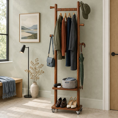 Portemanteau compact autoportant en bois massif avec roulettes pour déplacer le portemanteau
