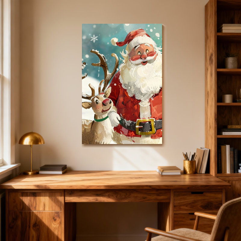 Père Noël avec des rennes dans une scène enneigée, H 36 po x l 24 po