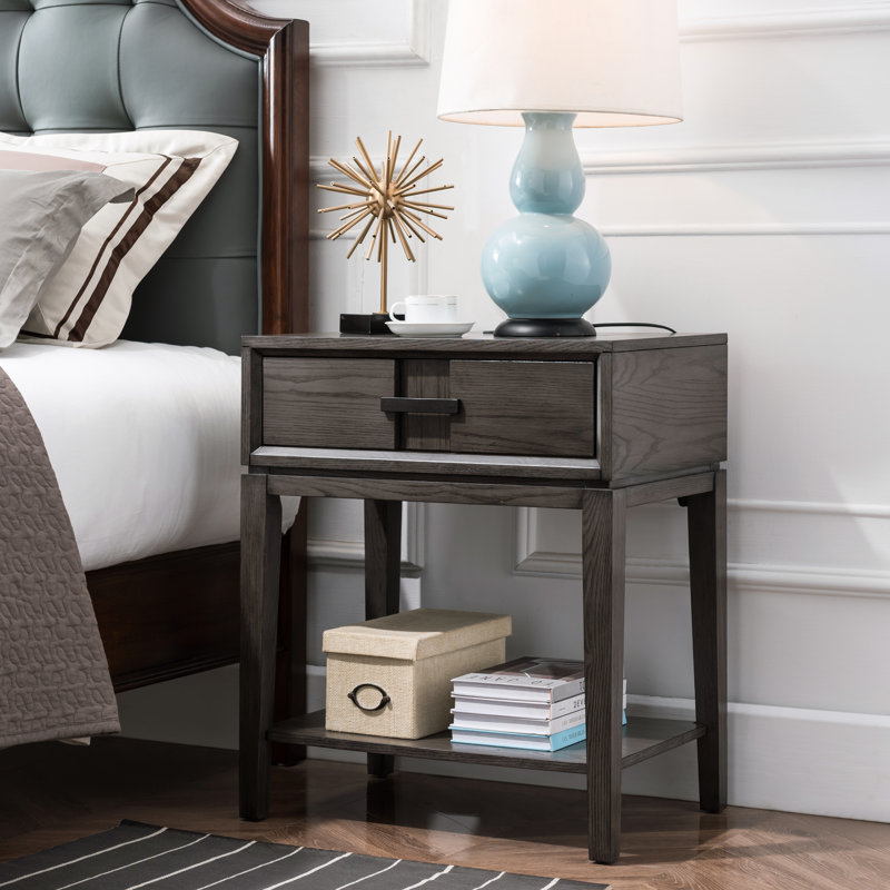 Solid Oak Wood Recessed Design Side Table with AC/USB in Smoke Gray