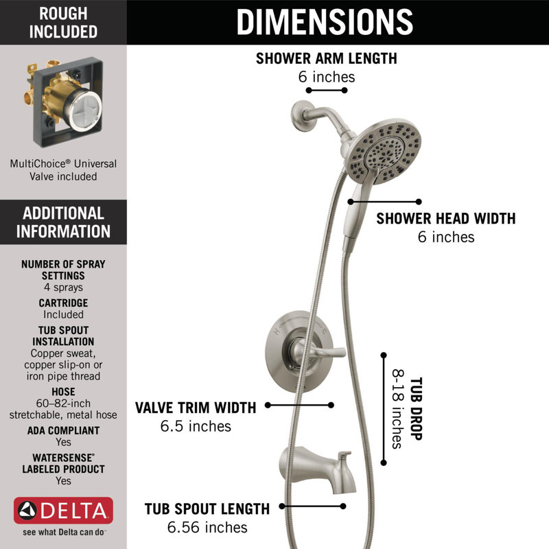 Ensemble de robinet de baignoire en nickel brossé Arvo 14 Series avec pomme de douche double 2 en 1 In2ition avec douchette combinée, ensemble de garniture de valve, acier inoxydable Spotshield (valve incluse)