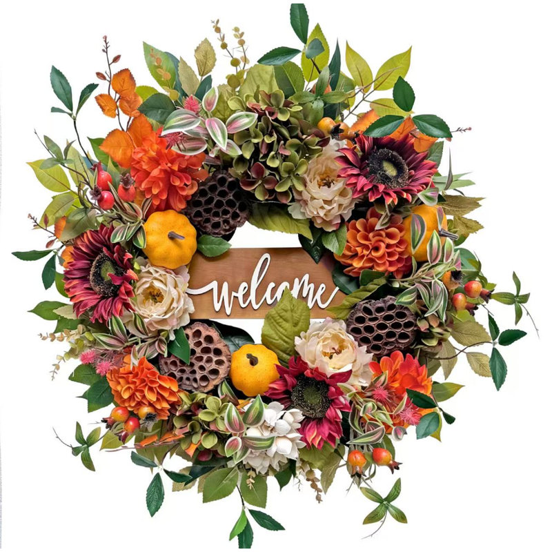 Couronne d'intérieur 24 po avec hortensias et citrouilles