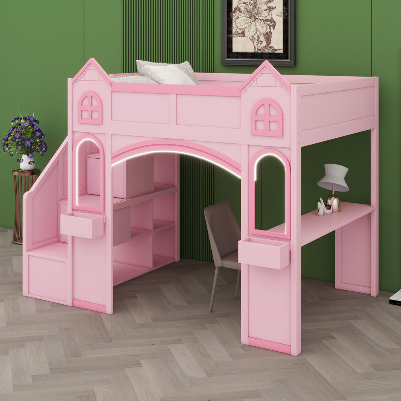 Lit mezzanine avec escalier de rangement, bureau, fenêtres, tablettes et éclairage à DEL, conception de château
