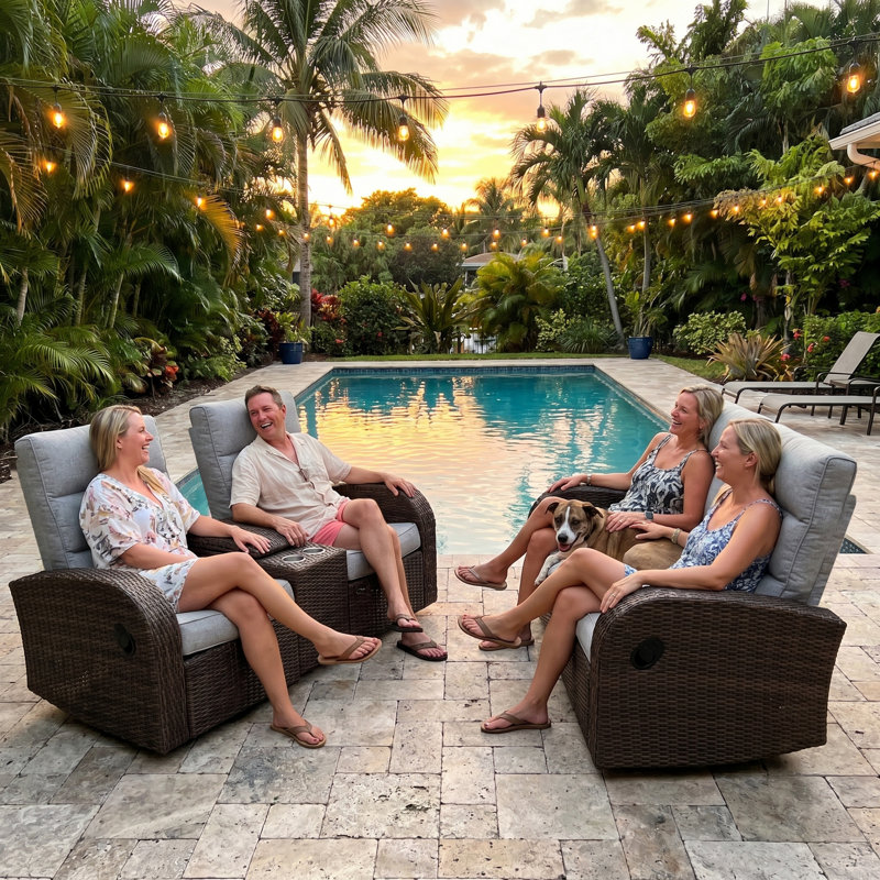 Oversized Wicker Outdoor Reclining Loveseat Sofa Set, 2-seater Recliner Couch With Storage & Cup Holder, Light Gray, Brown