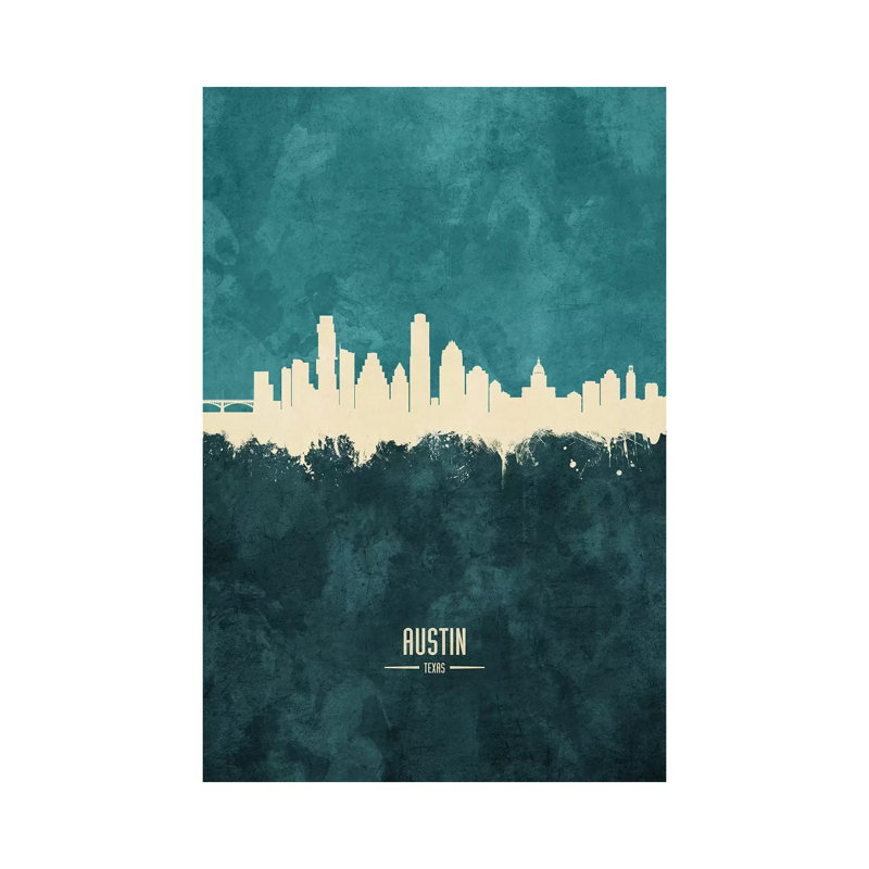 Austin Texas Skyline Teal by Michael Tompsett - 1 Piece Wrapped Canvas Wall Art, 101.6 cm H x 66.04 cm W x 1.91 cm D