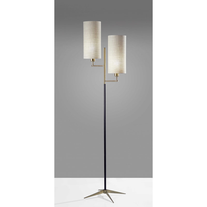 Antique Brass Metal Tripod Base With Matte Black Accent And Tall Natural Fabric Shade Table Lamp