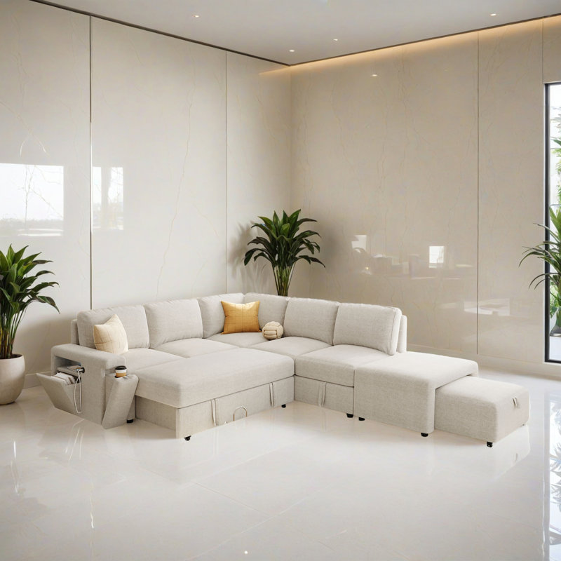 Canapé-lit modulaire en L 90,62 "avec lit escamotable pour le salon, Polyester beige