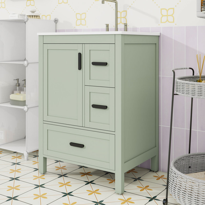 Meuble-lavabo de salle de bain avec lavabo en céramique, support de porte de rangement et 3 tiroirs, Vert
