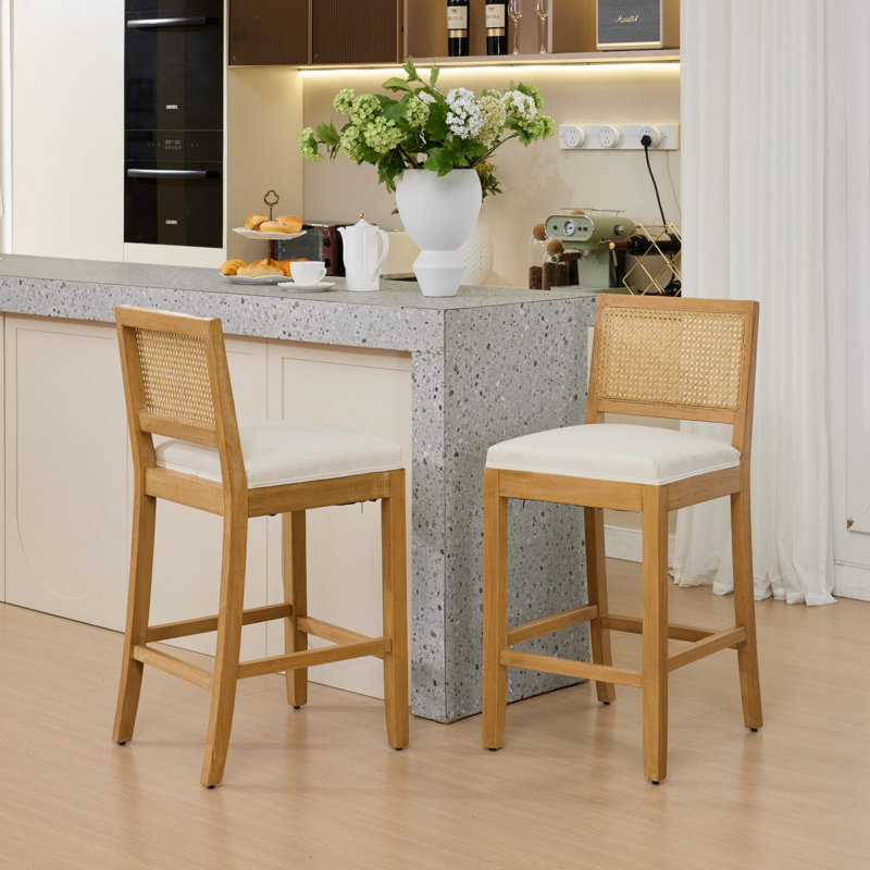 Full Solid Wood Rattan-Back Bar Stool, Matte Linen Cushion With High-Resilience Foam & S-Springs, Ideal For Rustic/Natural Style Kitchen Island, Low Bar In Dining Room & Coffee,Set Of 2,Beige