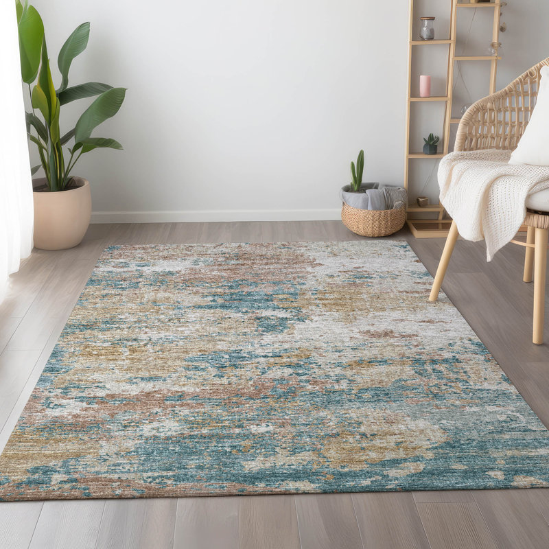 Premium Machine Washable Hintzen AMF69 Teal Rug, Rectangle 3' x 5'