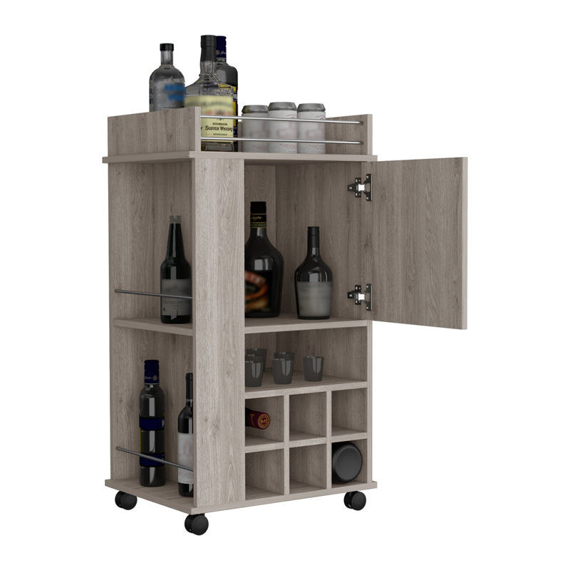 Fargo Bar Cart With Cabinet, 6 Built-In Wine Rack And Casters, Gray