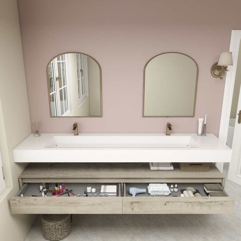 Alysa 84" Wall-Mounted Double Bathroom Vanity Set, White/Oak
